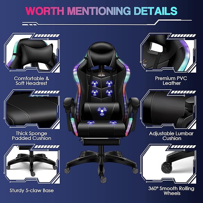 Big and Tall Gaming Chair with Footrest Ergonomic Massage Office Chairs LED Video Game Chair with Speakers Comfortable Headrest Lumbar Support High Back Desk Chair PU Leather for AdultsPink
