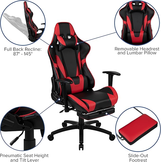 BizChair Gaming Desk and Red Footrest Reclining Gaming Chair Set - Cup Holder/Headphone Hook/Removable Mouse Pad Top/Wire Management