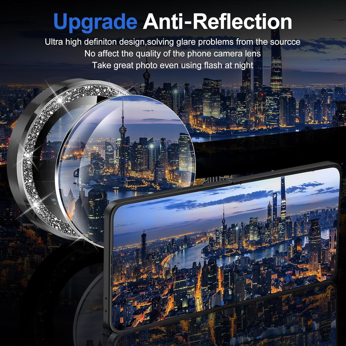 for Samsung Galaxy Z Flip 7 Camera Lens Protector, Individual Metal Ring Tempered Glass Lens Cover, [Strong Adsorption] Scratch Resistant Ultra-Thin HD Clear Lens Cover, 1 Set-Black Sparkly