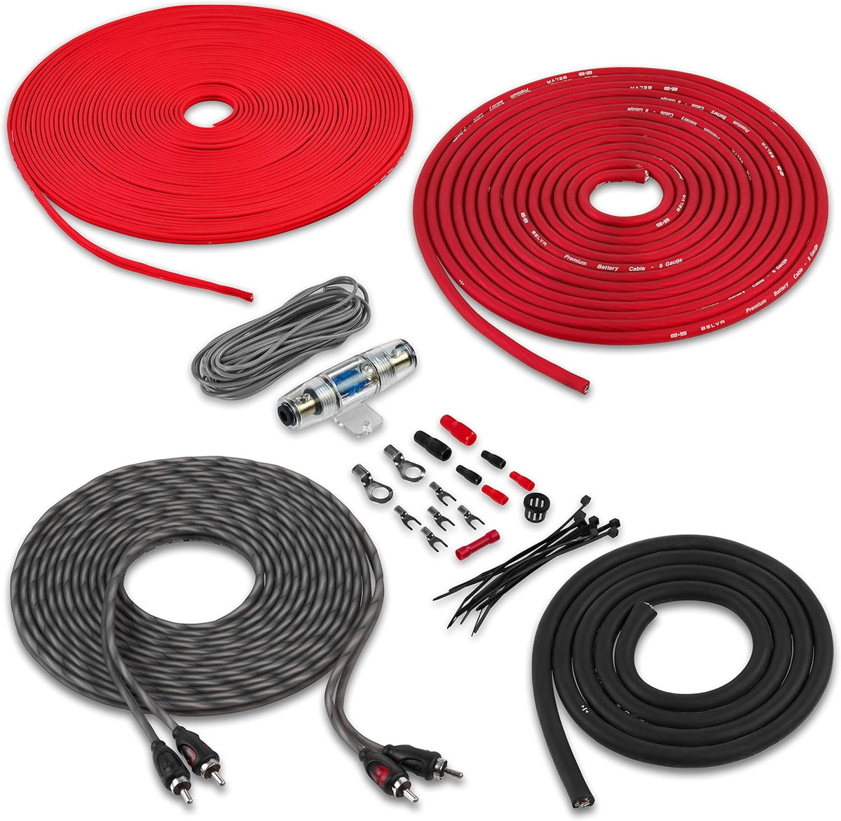 8 2-Channel BAK82 Belva True Gauge AWG Premium CCA Complete Amplifier Wiring Kit with OFC RCA Cable - RED