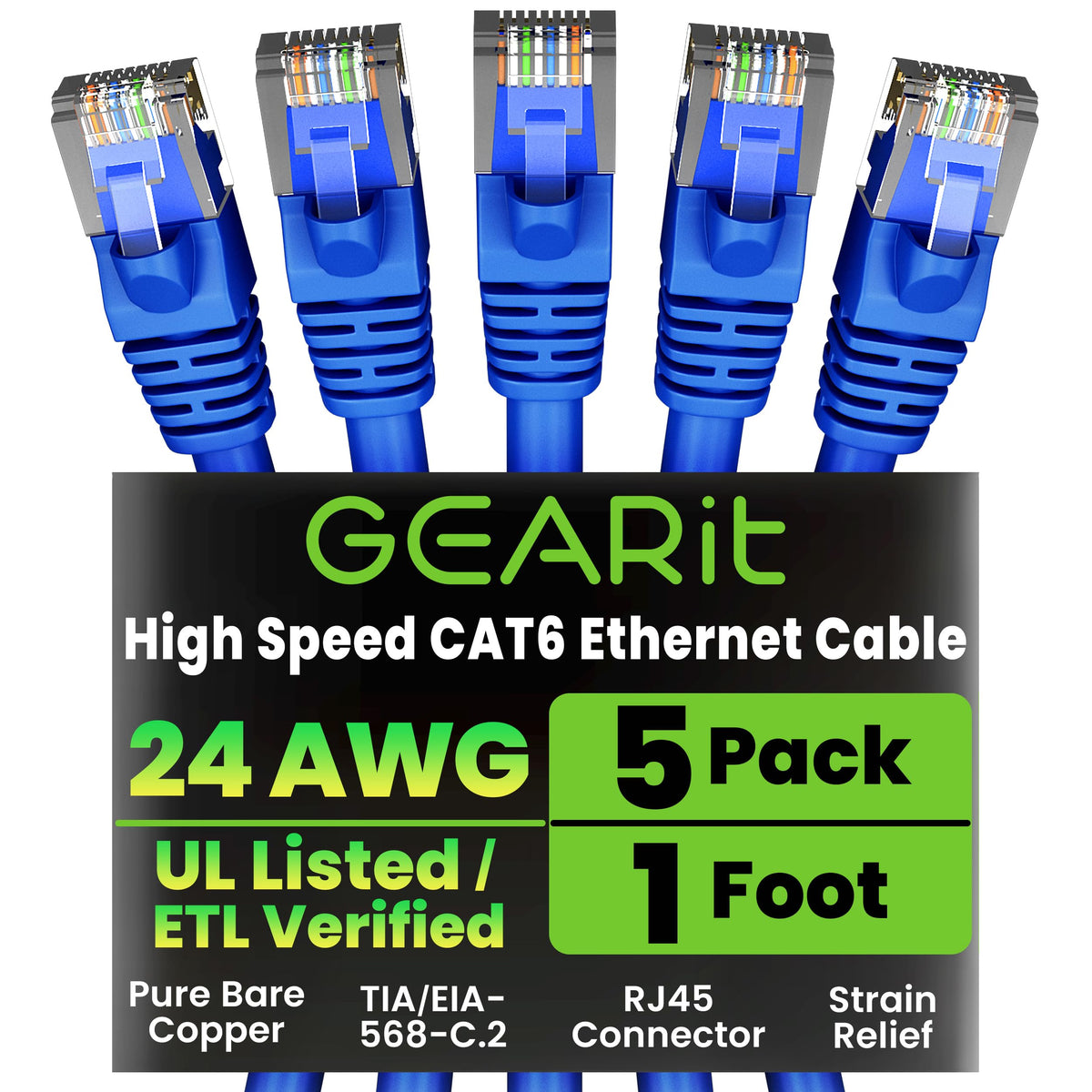 GEARit Cat 6 Ethernet Patch Cable 1 ft Blue (5 Pack) - Cat6 Patch Cables 1ft Blue/Ethernet Patch Cable, 10Gbps 550MHz 24AWG Pure
