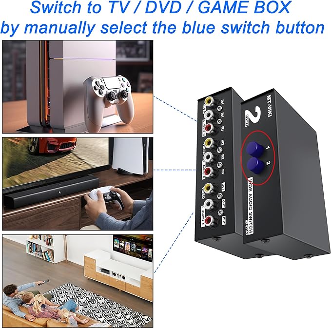 MEIRIYFA 2 Way AV RCA Switcher Splitter 2 in 1 Out, 2 Port AV RCA Switch 2-in-1 Composite Video L/R Audio Switcher Selector Box for DVD Player, Game Consoles TV Monitor Projector