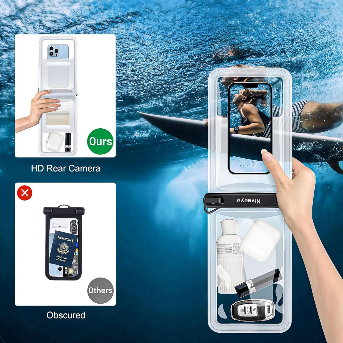 Niveaya Double Space Waterproof Phone Pouch - 2 Pack, Waterproof Phone Lanyard Case with iPhone 16/15/14/13/12 Pro Max up to 8.3", Phone Dry Bags for Vacation Beach Pool Kayak Cruise Travel Essentials