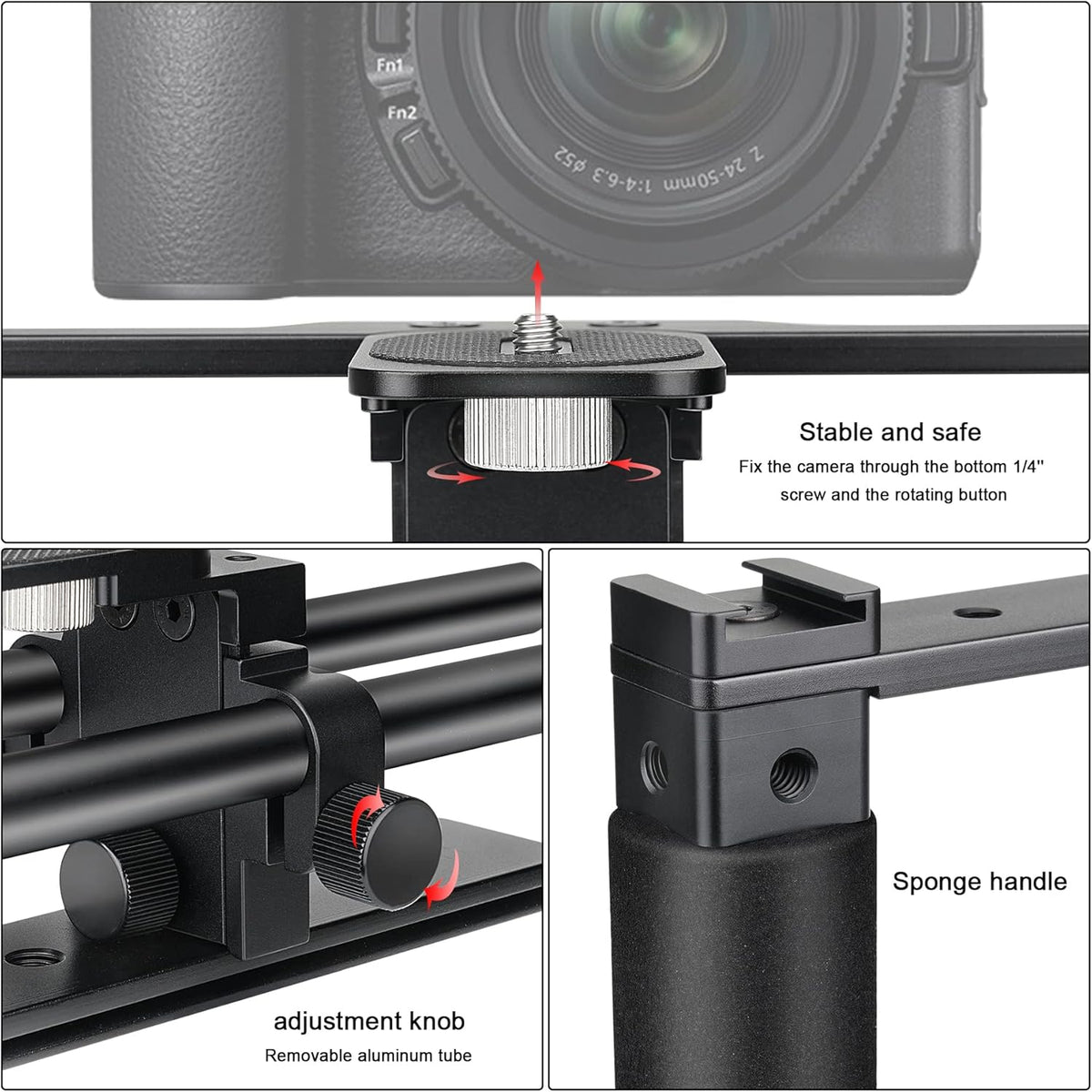 Universal Aluminum Alloy DSLR Mirrorless Camera Camcorder Stabilizer Extension Cage Mount for Mic Monitor Light, Movie Making Rig YouTube Tiktok Vlogging Video Kit w/Phone Holder for Canon Sony Nikon