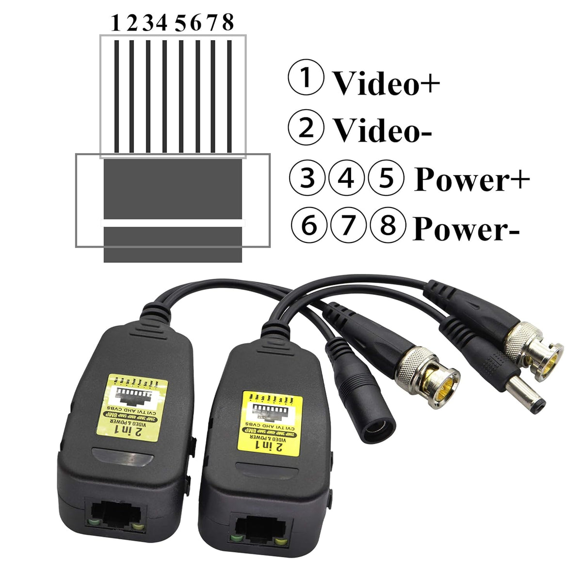 AAOTOKK Cat5 RJ45 720P 960P 1080P 3MP 4MP 5MP 8MP System(18cm-4Pairs) Power Video Balun DC BNC to Network Transceiver