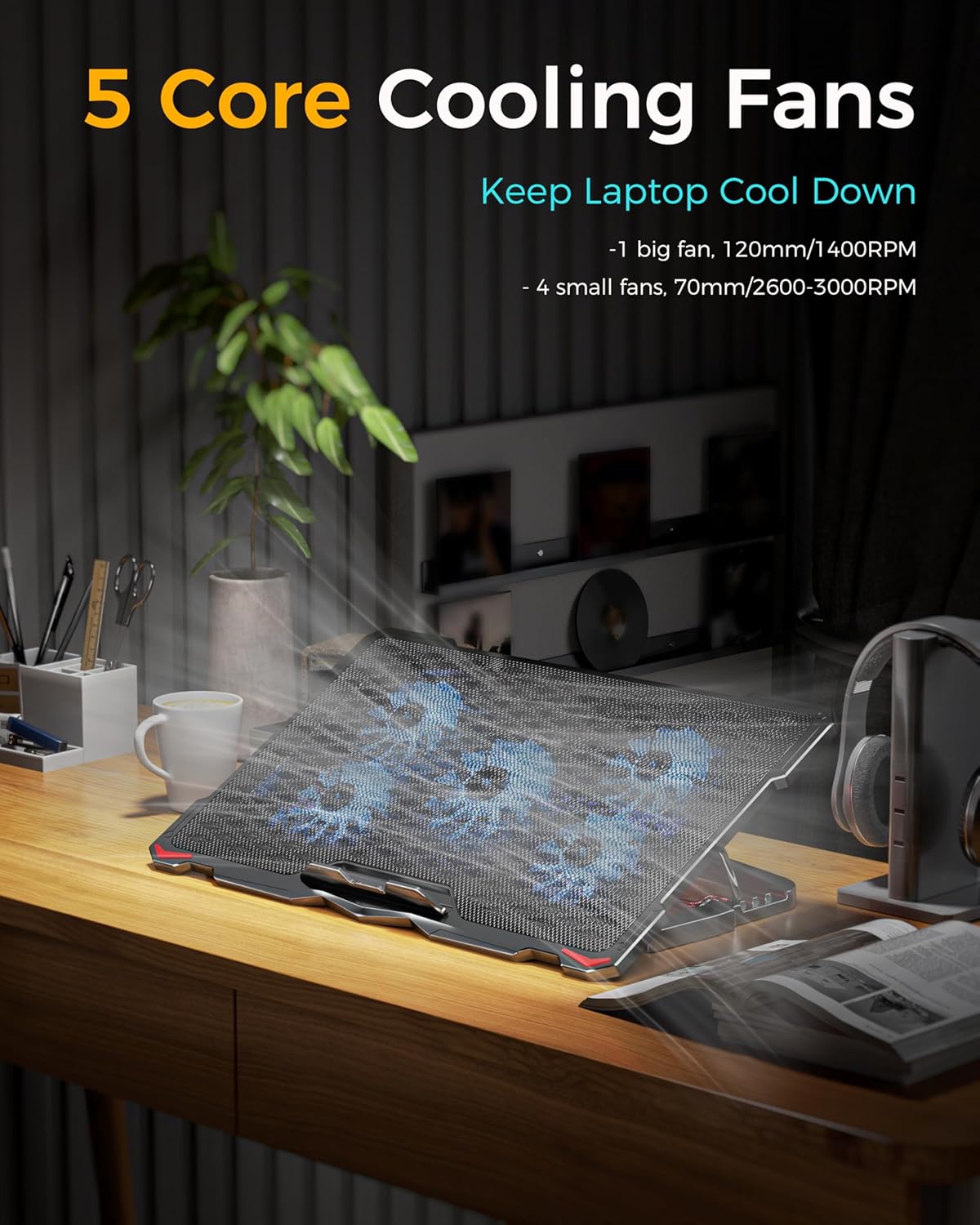 AICHESON Laptop Cooling Pad 5 Fans Up to 17.3 Inch Heavy Notebook Cooler, Blue LED Lights, 2 USB Ports, S035, Blue-5fans
