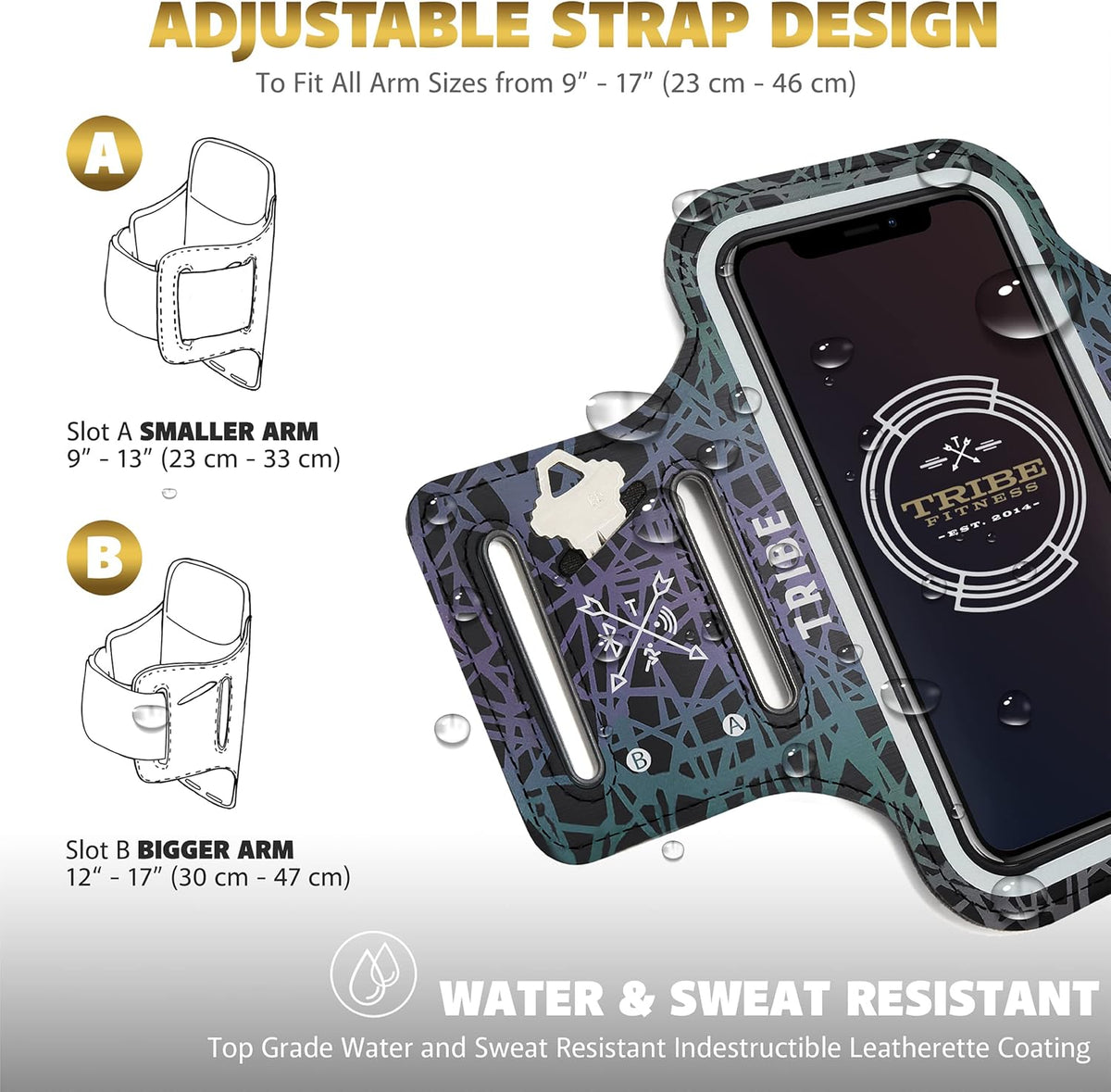 TRIBE Water Resistant Cell Phone Armband Case Running Holder for iPhone Pro Max Plus Mini SE (13/12/11/X/XS/XR/8/7/6/5) Galaxy S Ultra Plus Edge Note (21/20/10/9/8/7/6/5) Adjustable Strap & Key Pocket