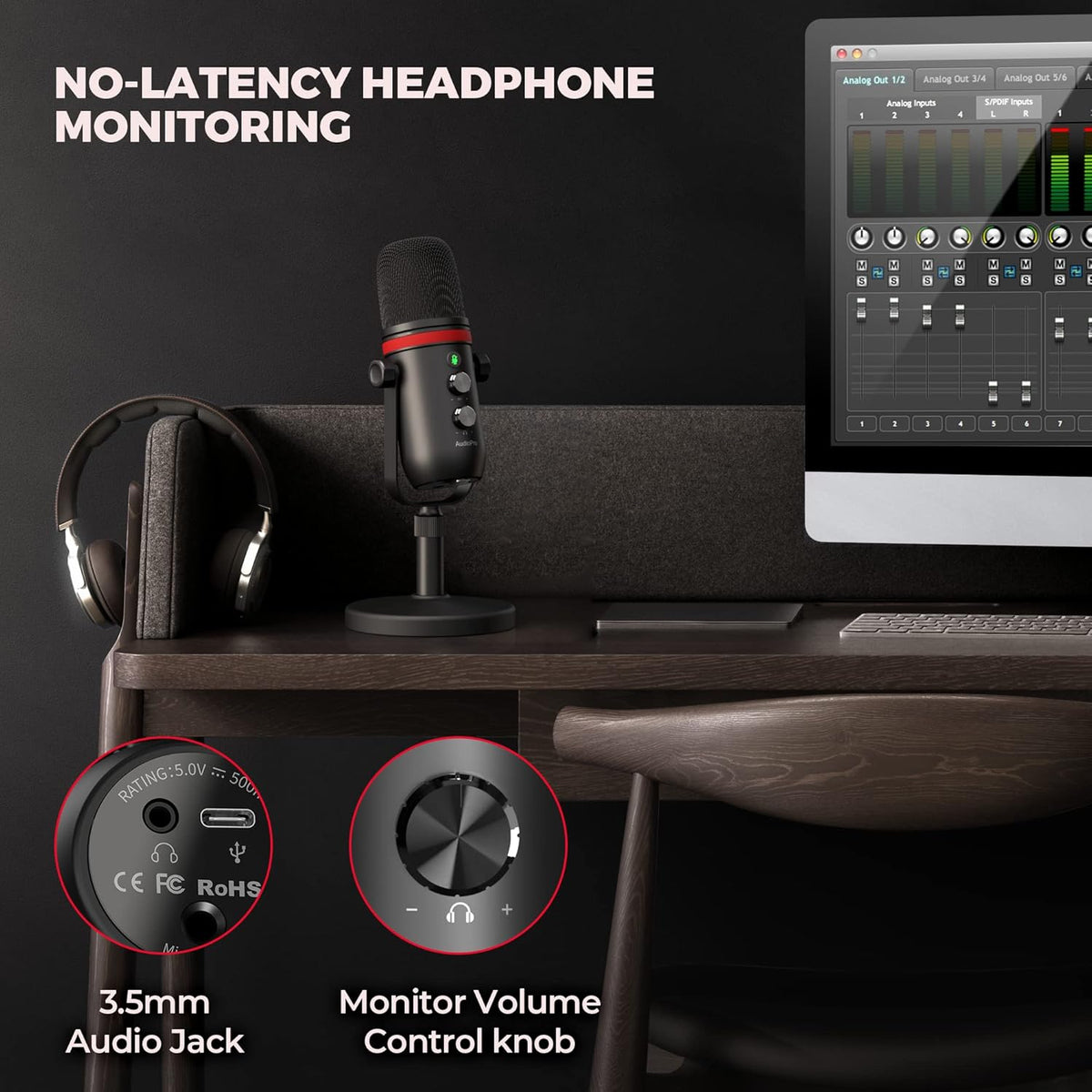 AUDIOPRO USB Microphone, Computer Condenser Gaming Mic for PC/Laptop/PS4/5, Headphone Output, Volume Control, USB Type C Plug and Play, LED Mute Button, for Streaming, Podcast, Studio Recording
