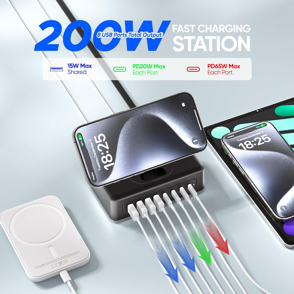 Acozvin 200W 11-in-1 2AC 8USB 5ft USB Charging Station, USB C Power Strip Surge Protector, Outlets & Ports, Flat Plug