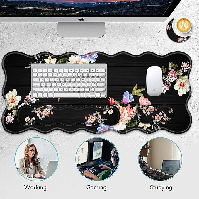 4 in 1 Desk Mat SetMouse Pad with Keyboard Wrist RestWave-Shaped DesignNon-Slip Rubber BaseWaterprooffor HomeOfficeGamingPeony Flower