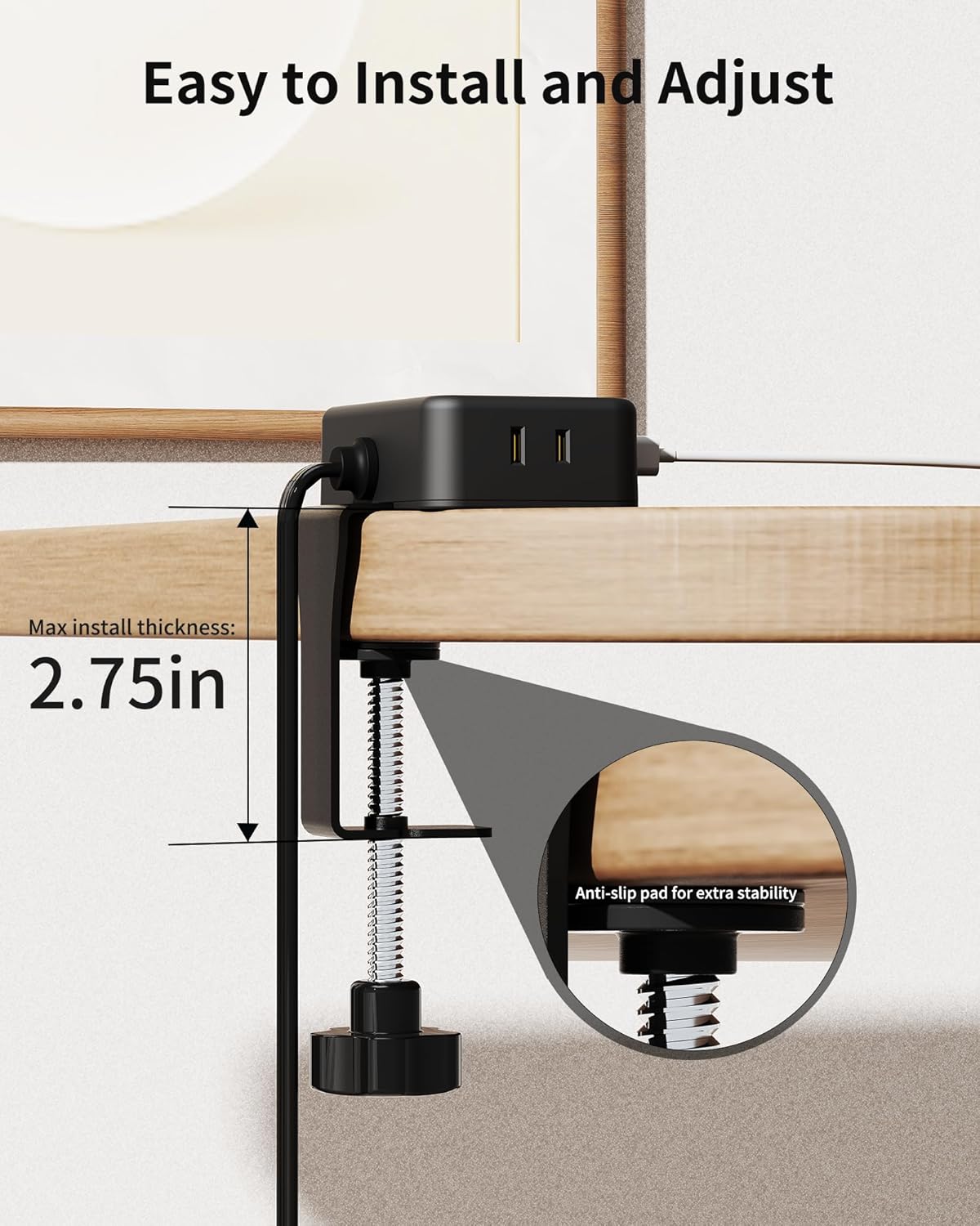 HOPOW 4 4 (2 10Ft 2.75" Desk Clamp Power Strip, Desktop Mount Charging Station with Outlets USB Ports USB C), Under