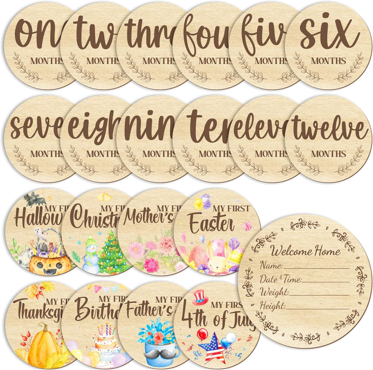 Glodecart 11PCS Baby Monthly Milestone for Photo Props, Wooden Double Sided Monthly Milestone Photo Cards for Baby