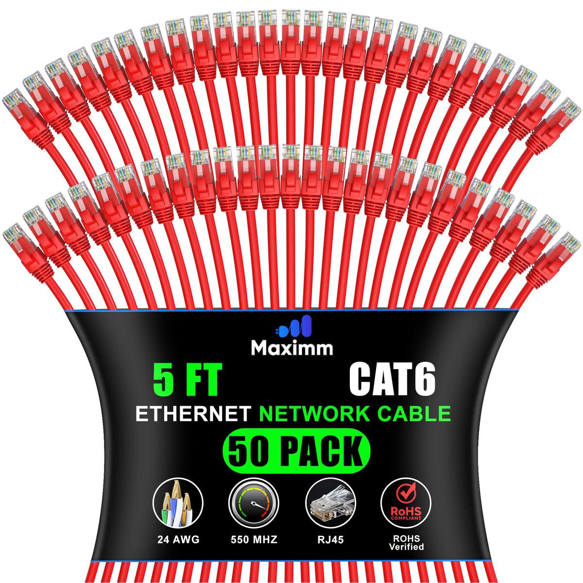 Maximm Cat 6 Ethernet Cable - 5 ft (50-Pack) - High-Speed LAN, Internet, Patch, Network Cable - UTP, 10Gbps, 550MHz Ethernet Cor