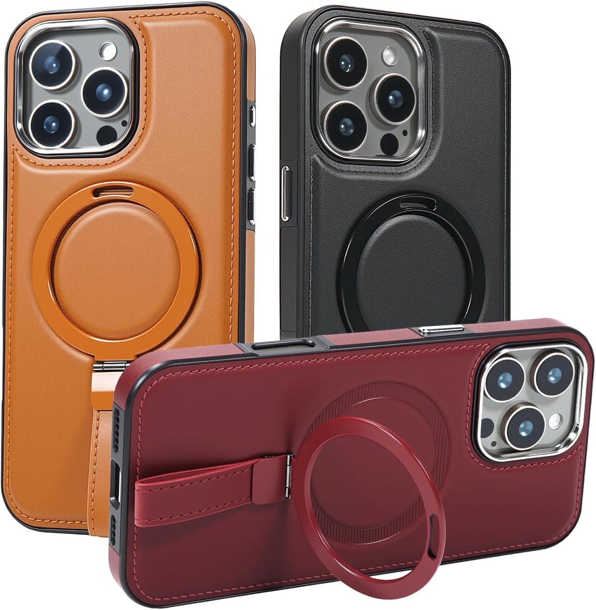 Leather Case, Suitable for iPhone 16 Case, Invisible Magnetic Design, Equipped with a Lanyard and Foldable Stand, Black, Yellow and red (Black, iPhone 16)