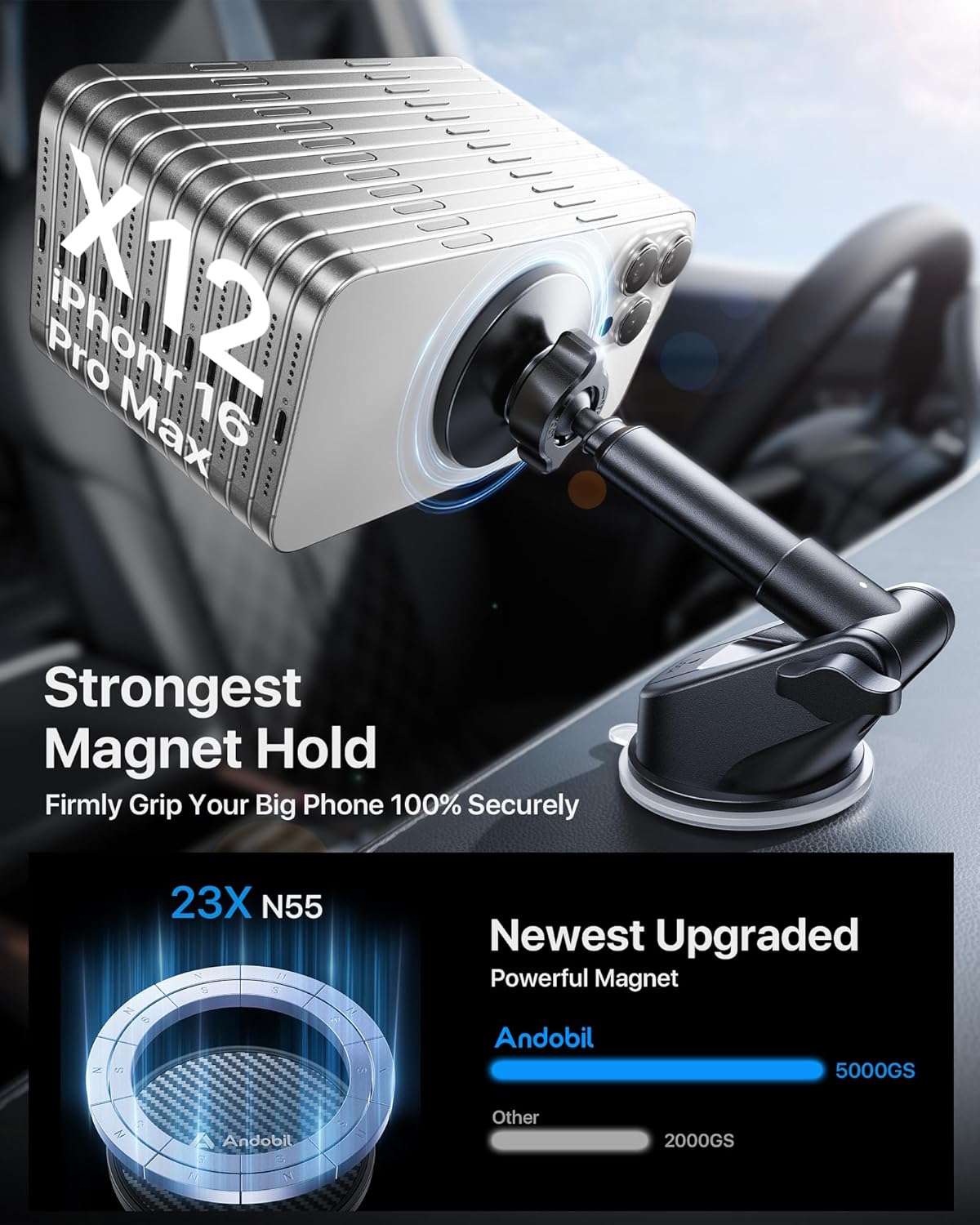 【True Military-Grade】andobil 3 in1 Magnetic Phone Holder for Car Dashboard Windshield Vent 【Upgrade Suction & Strongest Magnet】Retractable for MagSafe Car Mount for iPhone 16 15 14 13 Pro Max Sumsung