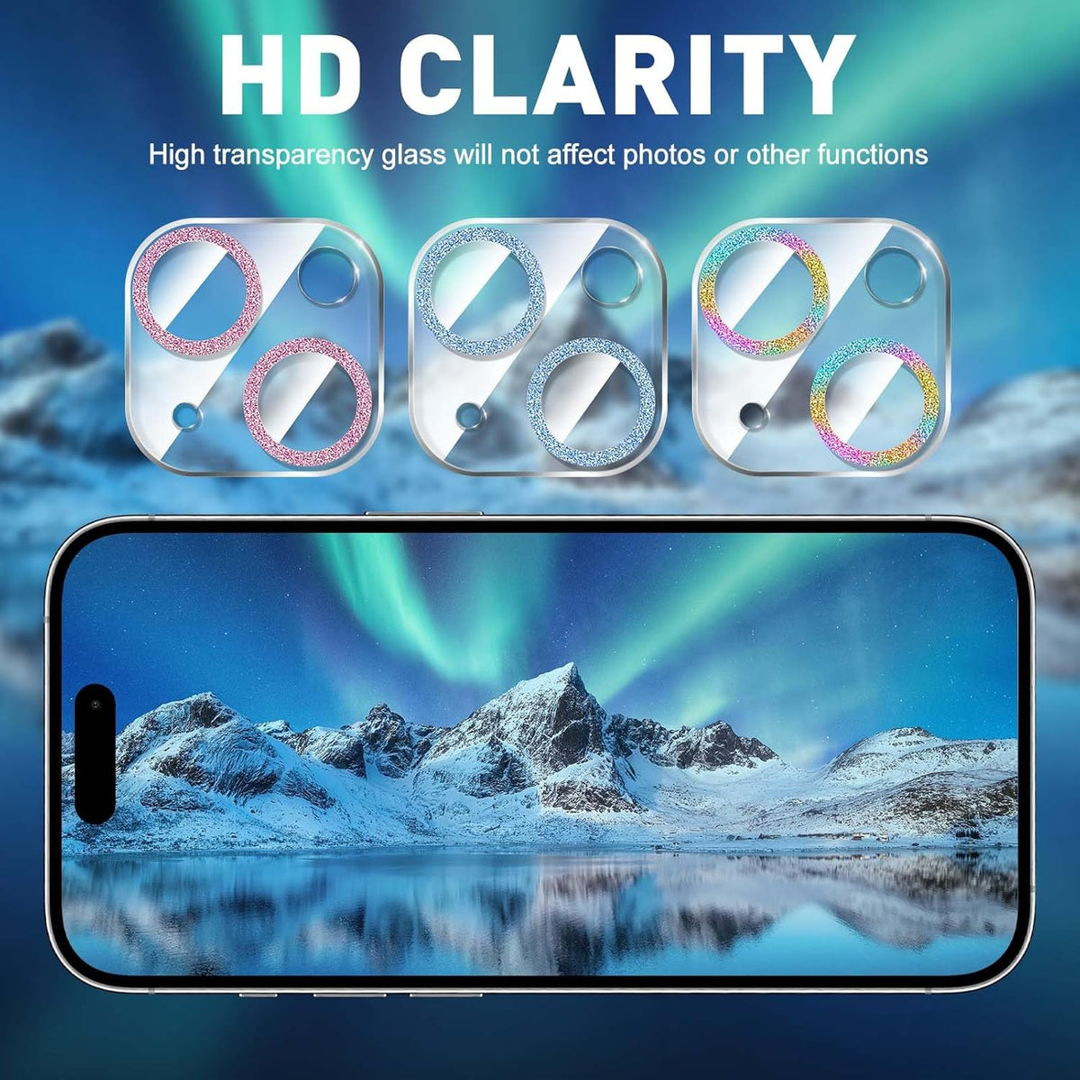 LucBuy 3PCS Sparkling Camera Lens Protector for iPhone 11, Full Clear Acrylic Cover with Shiny Colorful Glitter Designed Decoration Back Camera Protector