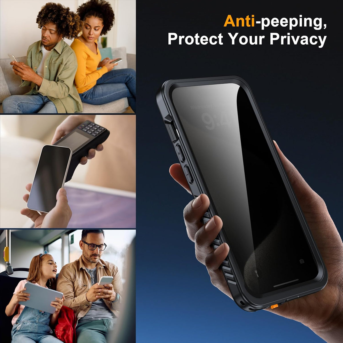 for iPhone 15 Pro Case Waterproof - Built-in Privacy Screen Protector & HD Screen Protector [IP68 Underwater] Shockproof Dustproof Full Body Protection iPhone 15 Pro Phone Case Black