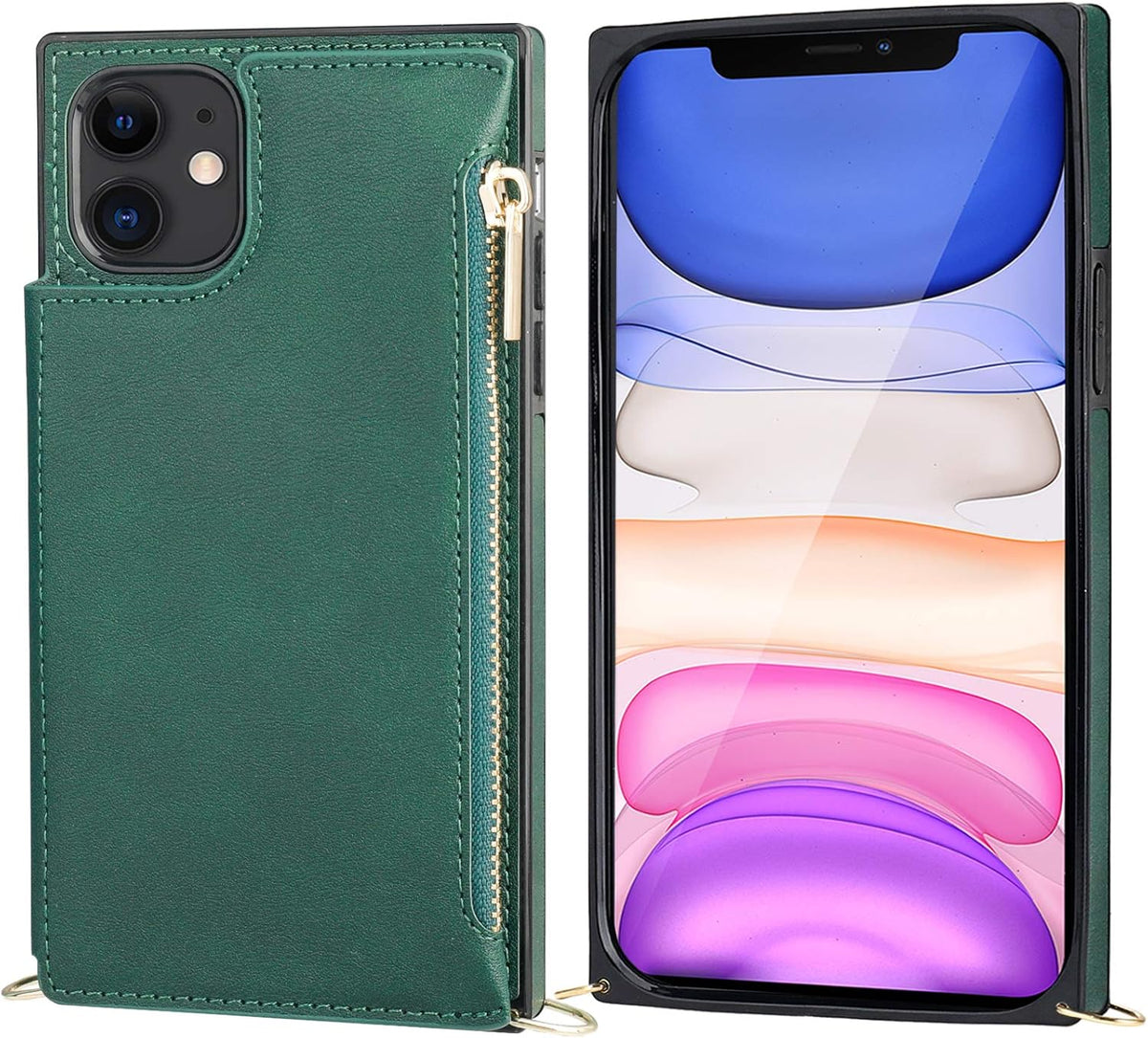 Bocasal Crossbody Wallet Case for iPhone 11 with Card Holder,Zipper Card Slot Protector Shockproof Purse Cover with Removable Cross Body Strap 6.1 Inch(Green)