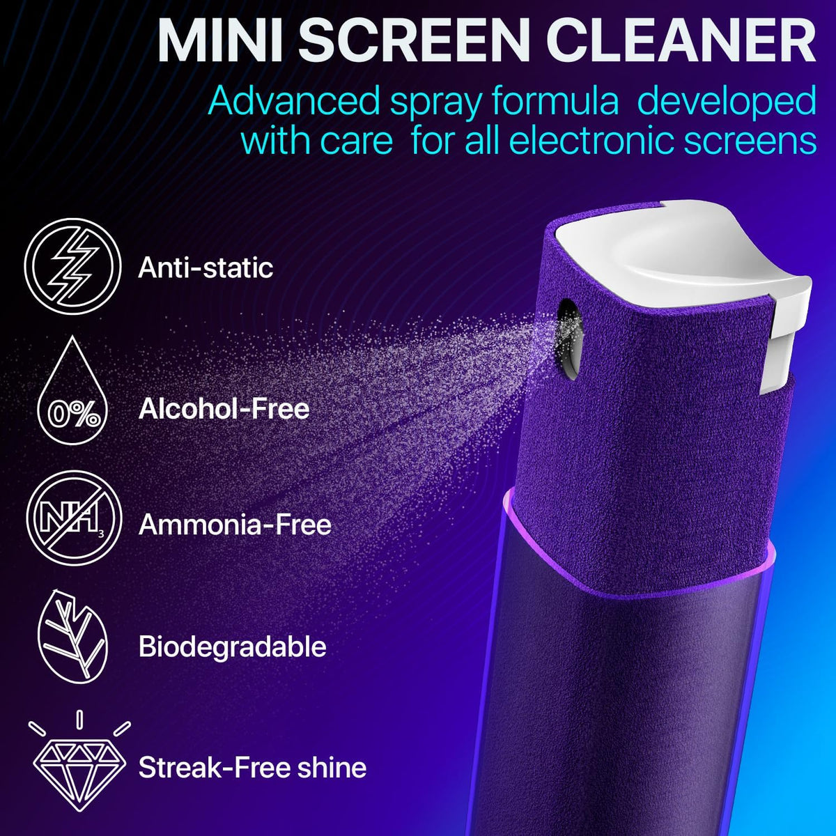 Mini Screen Cleaner Spray – Finger Proof Screen Cleaner for Smartphones, iPads, MacBooks, Laptops, Car Screens, Touchscreens – 3 in1 Mist Cleaner, Microfiber Cloth and Protective Cover (Blue)