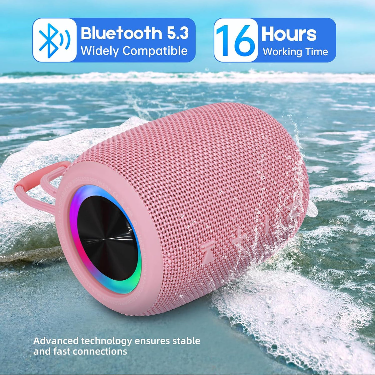 Portable Bluetooth Speaker, BT5.3 Wireless Speaker 20W Bass Diaphragms with Multi LED Light Dynamic Modes, IPX6 Waterproof 16H Playtime supports FM Mode, TF, USB for Home, Cycling, Outdoor, Beach