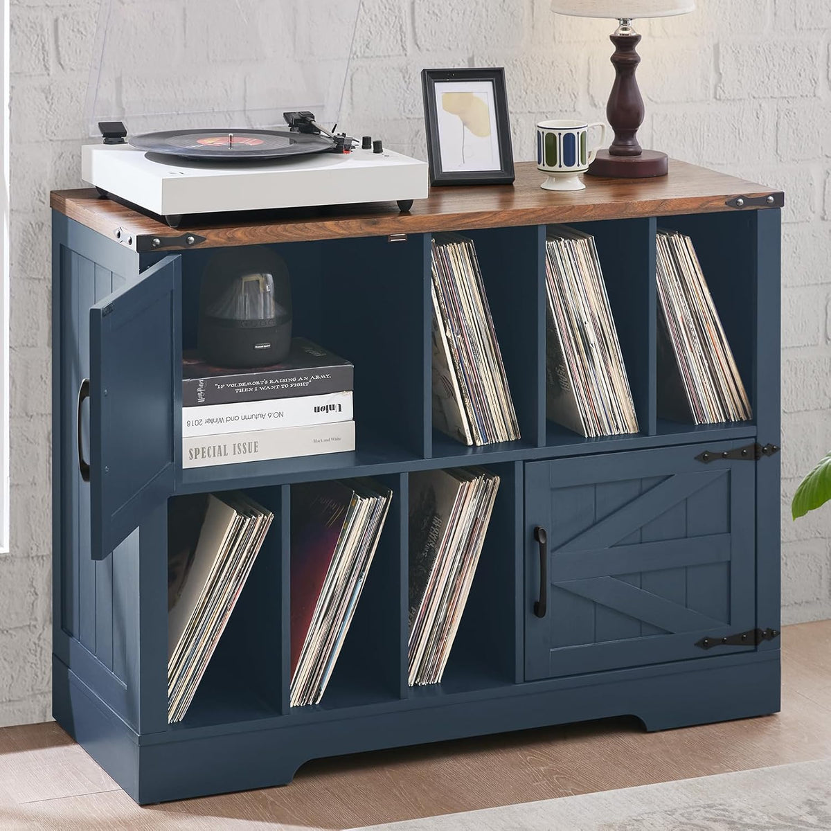 Large Record Player Stand with Vinyl Storage Up to 450 Albums, 39 Inch Farmhouse Wood Navy Blue Vinyl Records Storage Cabinet with Barn Doors, Mid-Century Turntable Stand for Living Room