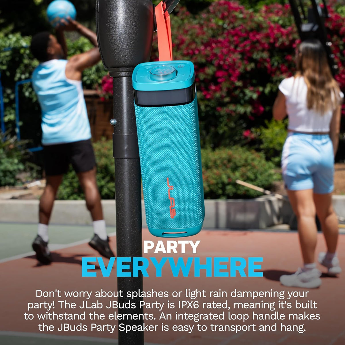 JLab JBuds Party Portable Bluetooth Speaker, 2 Full-Range Drivers + 2 Passive Woofers, IP56 Waterproof, 12 Hours Playtime, Connect Multiple Speakers, Custom Sound + RGB Lighting via App, Cyan