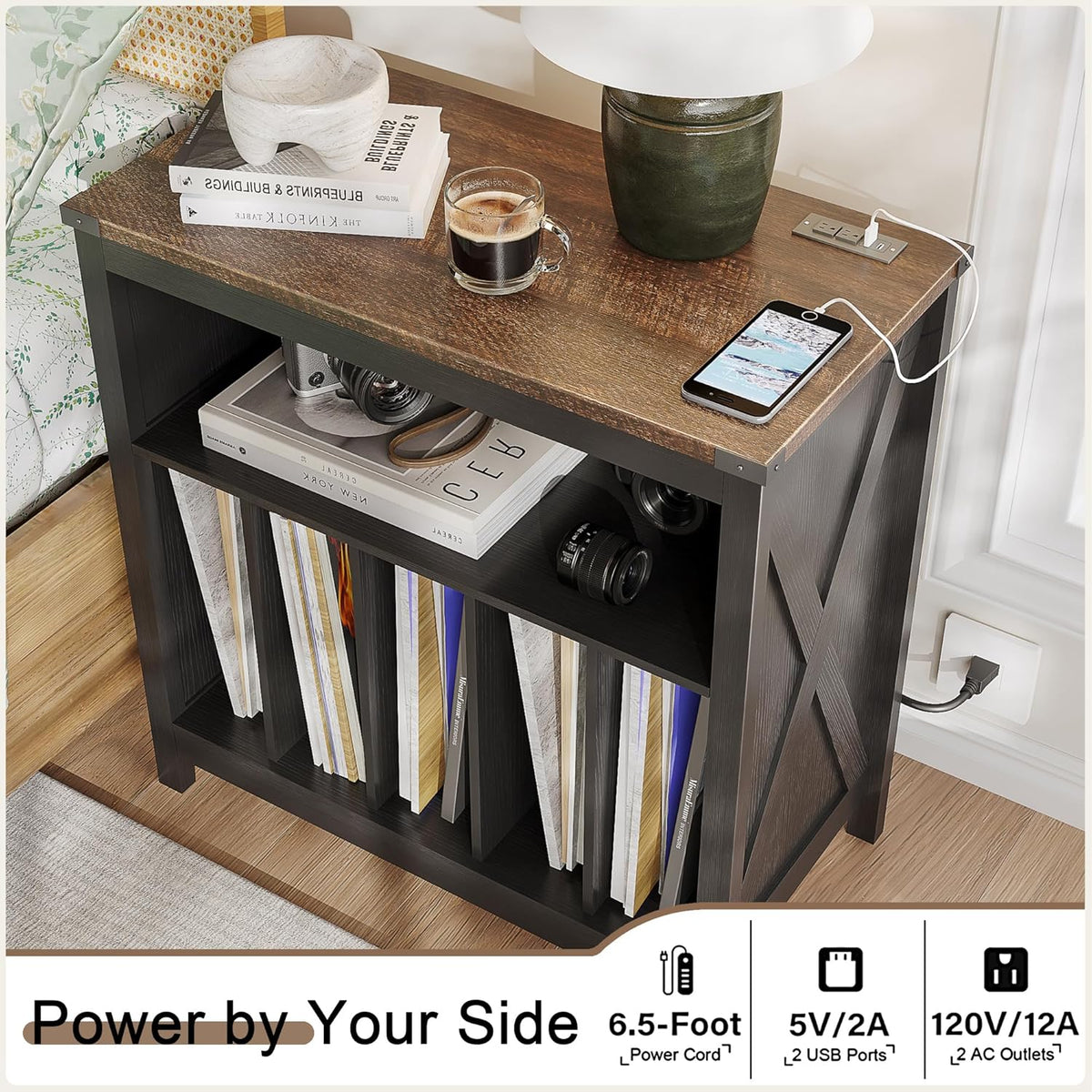ChooChoo Large Record Player Stand with Charging Station & LED Light, Vinyl Record Holder hold up to 300 Albums, Farmhouse End Table for Bedroom, Living Room, Black