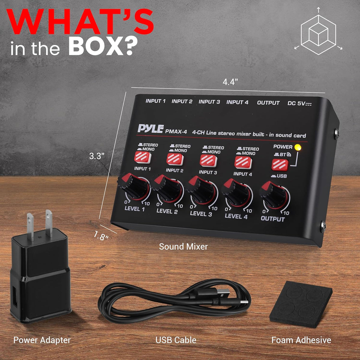 Pyle 4-Channel Wireless Bluetooth 5.0 Line Mixer - USB Audio Interface - 4 Mono/Stereo Inputs - Ultra-Low Noise - High Headroom - Built-in USB-C Sound Card - Compact Metal Chassis - PMAX4