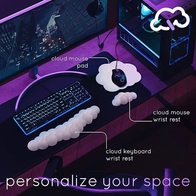 Qloud Cloud Wrist Rest Keyboard Wrist Rest for Computer Keyboard Pad Cloud Keyboard Wrist Rest Wrist Pad for Keyboard Memory Foam Non Slip Base Comes with Mouse Pad - Soft Gray
