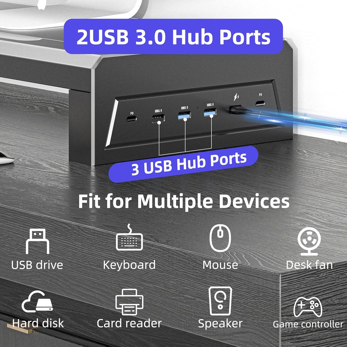 2-Tier Metal Computer Monitor Stand & Laptop Desk Shelf, 21.6 Inches, 22W Charging, 2 USB 3.0, 1 USB 2.0, Heavy Duty, Black, Metal